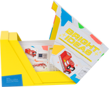 A yellow coin display stand holding several printed coin inserts, with one insert prominently reading “BRIGHT IDEAS” and showing colorful truck illustrations on a white background.