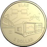 A gold-colored commemorative coin featuring WLAN and 1 Dollar themes, with technical illustrations of a satellite dish, laptop computers, Wi-Fi signal waves, and a handheld electronic device.