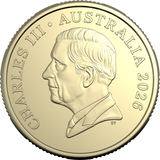 Gold coin with a profile of a person and text 'Charles III Australia 2026' on a white background