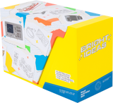 Bright Ideas Royal Australian Mint Mini exhibition box, featuring a bright yellow front panel with 'BRIGHT IDEAS' text, a blue base, and a collage of colorful inventor sketches and notes on the side.